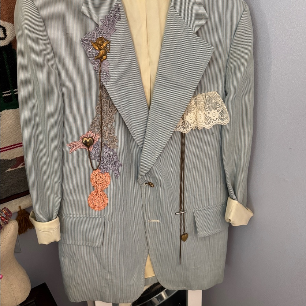 Elegant Light blue  jacket with Lace Accents
